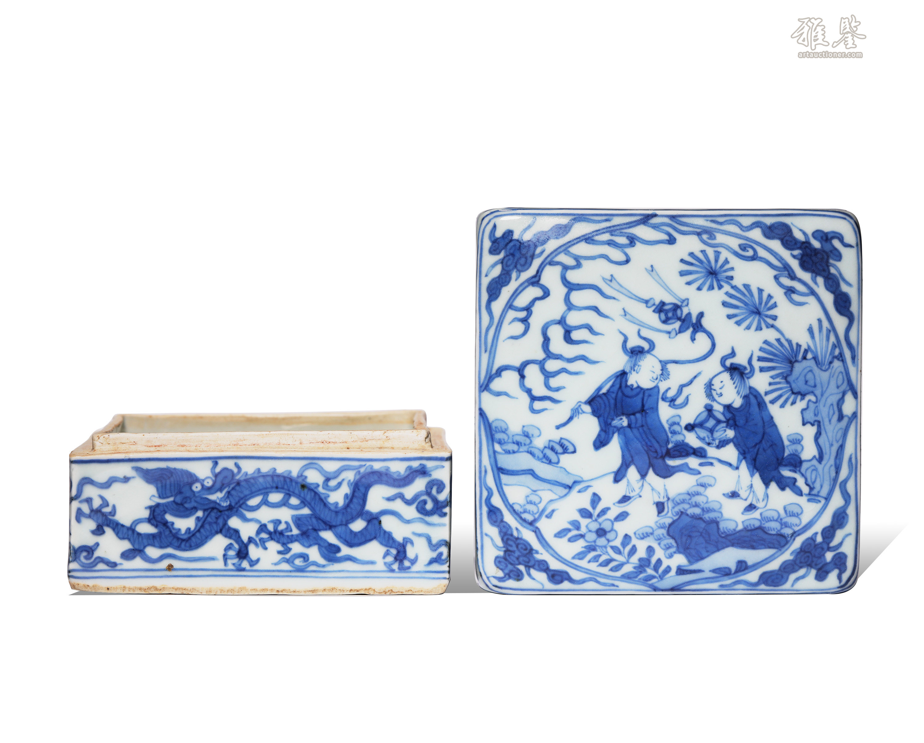 中国清朝時代　大明嘉靖年製　青花龍図蓋物　木箱付　東Y6-1202☆2Fトニヒ 中国清朝時代 大明嘉靖年製 青花龍図蓋物 木箱付 東Y6-1202☆2F