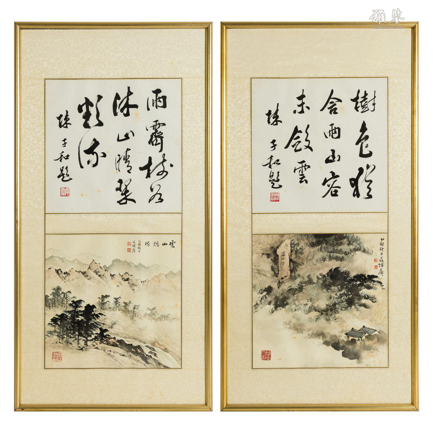 莊蝶庵陳子和山水書法鏡框一對A pair of Chinese 'landscape' painting