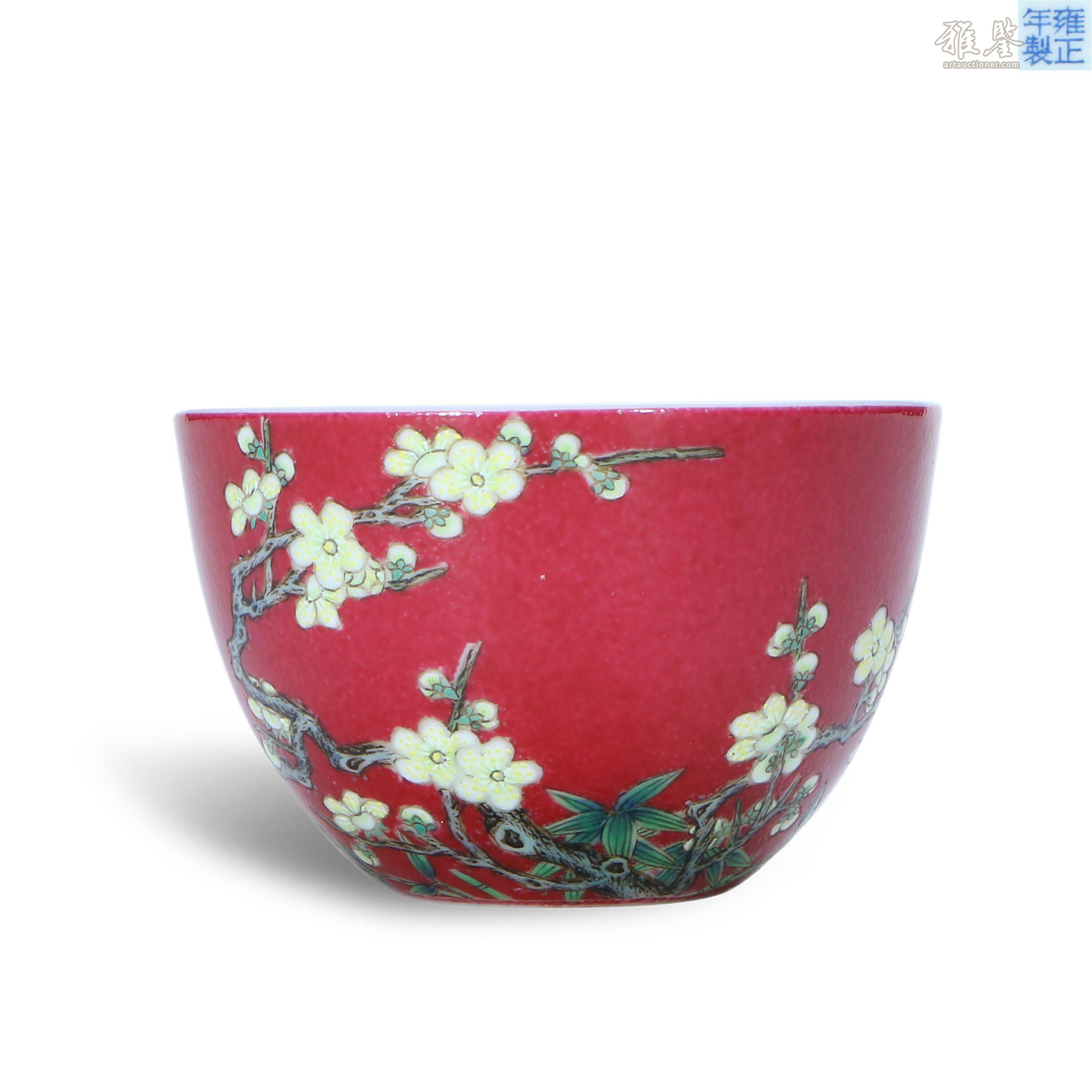 清雍正琺瑯彩胭脂紅地梅竹紋酒圓_LOT.6014_拍品详情_雅鉴艺术网拍品详情