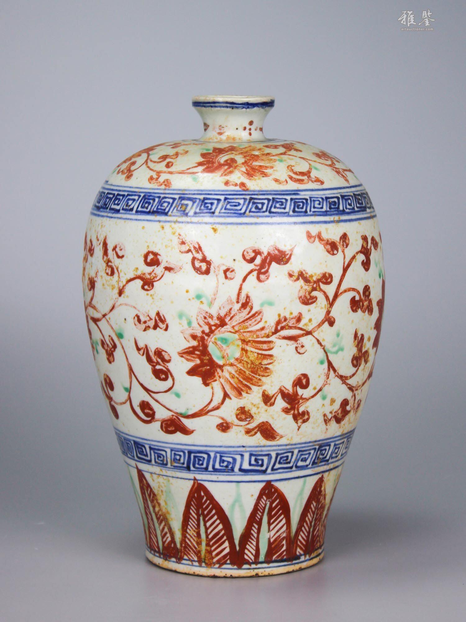 中国美術 青花紅 蓮花紋 八方瓶(A817) 明青花红绿彩缠枝莲纹梅瓶_LOT.25696_拍品详情_雅鉴艺术网拍品详情