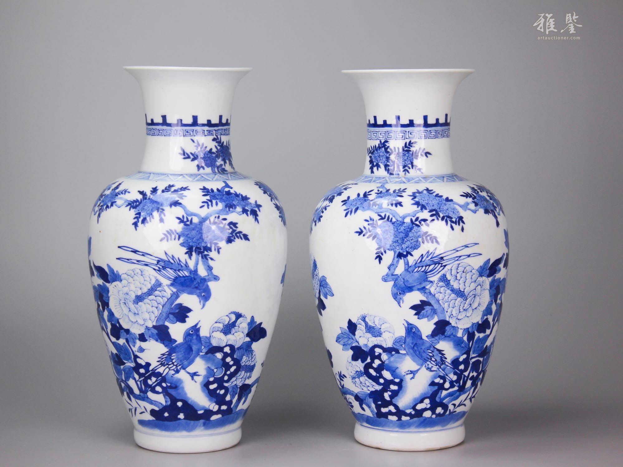 清康熙青花花鸟纹观音瓶（一对)_LOT.25709_拍品详情_雅鉴艺术网拍品详情