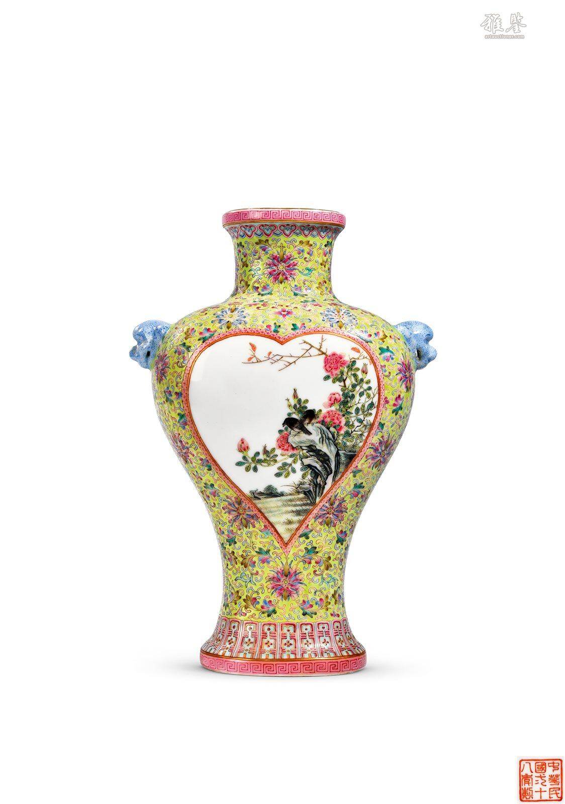 民国中华民国二十八年制粉彩花鸟兽耳瓶_LOT.0314_拍品详情_雅鉴艺术网