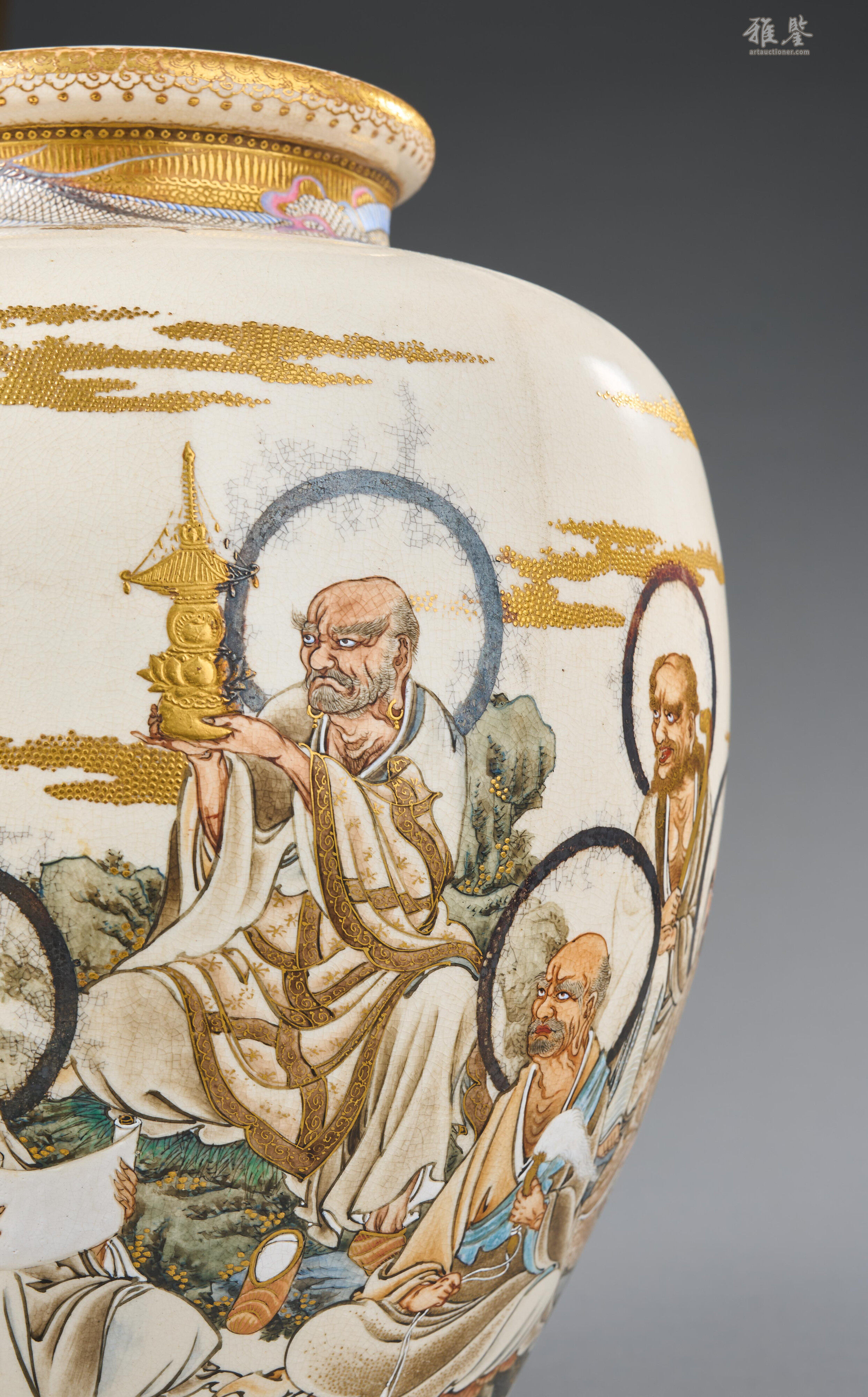 薩摩焼　花見図花瓶　骨董　里帰り　明治　R1573ダS 日本明治時代薩摩焼十六羅漢図花瓶_LOT.4_拍品详情_雅鉴艺术网拍品详情