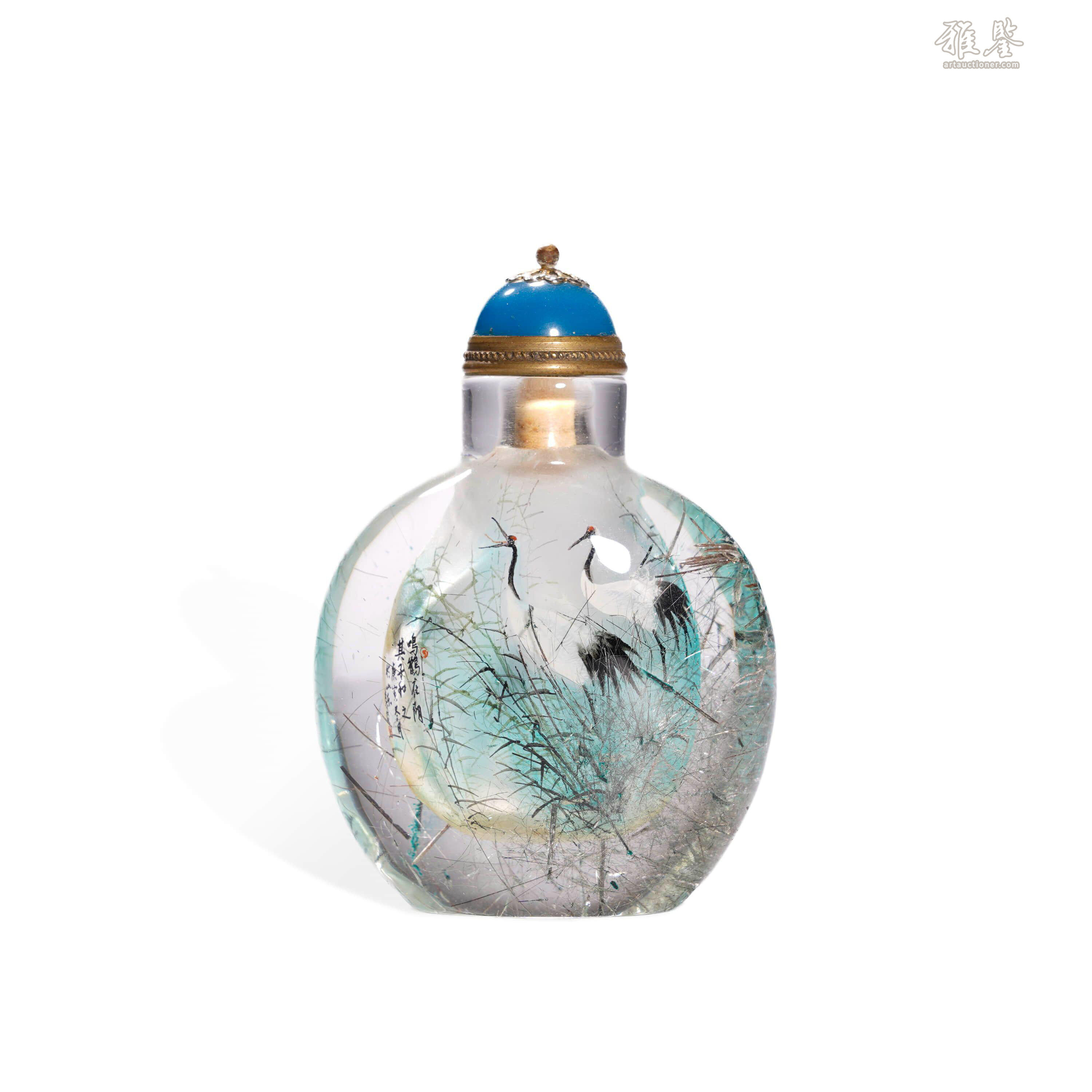 Li Yan's crystal painted crane-patterned snuff bottle 李琰水晶内画