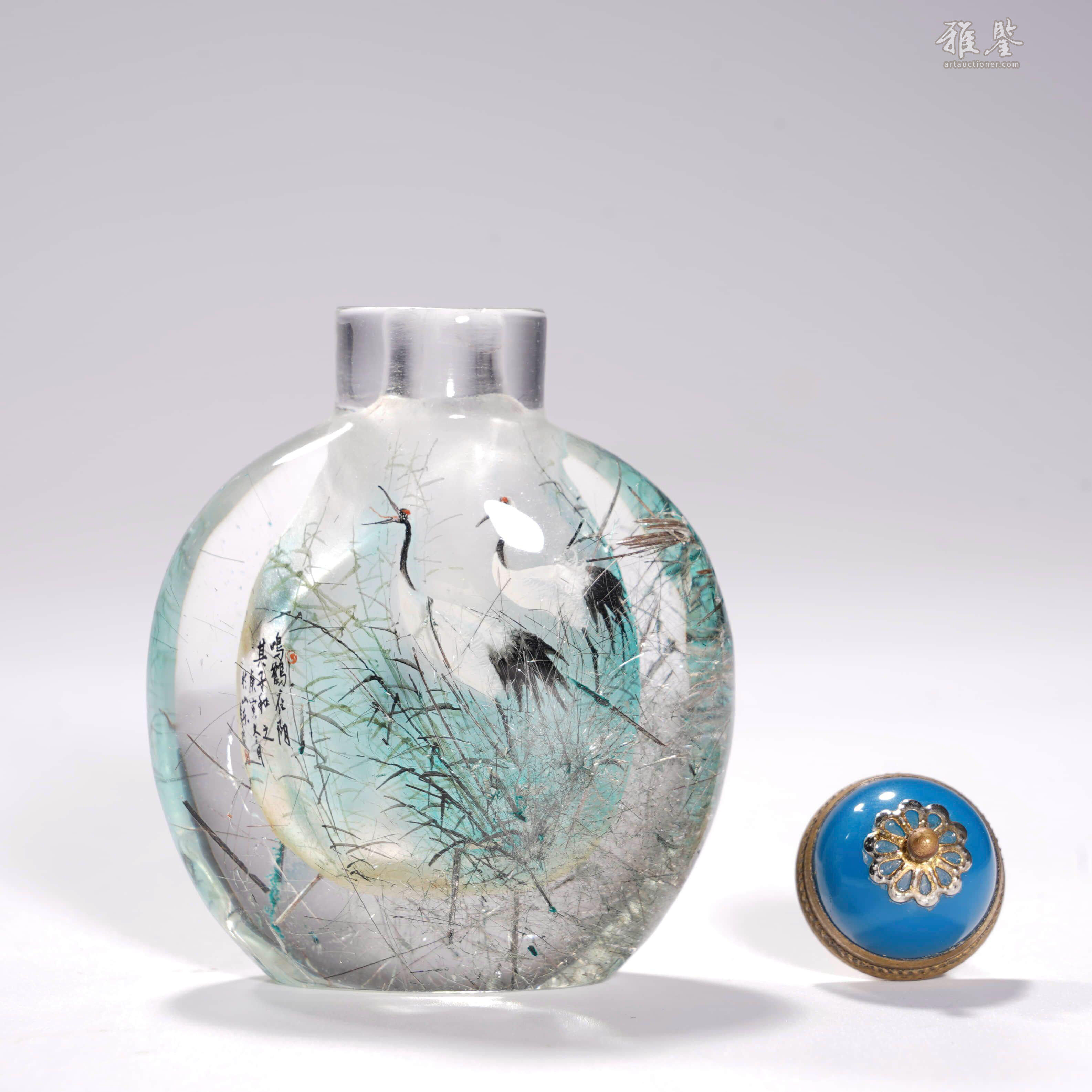 Li Yan's crystal painted crane-patterned snuff bottle 李琰水晶内画