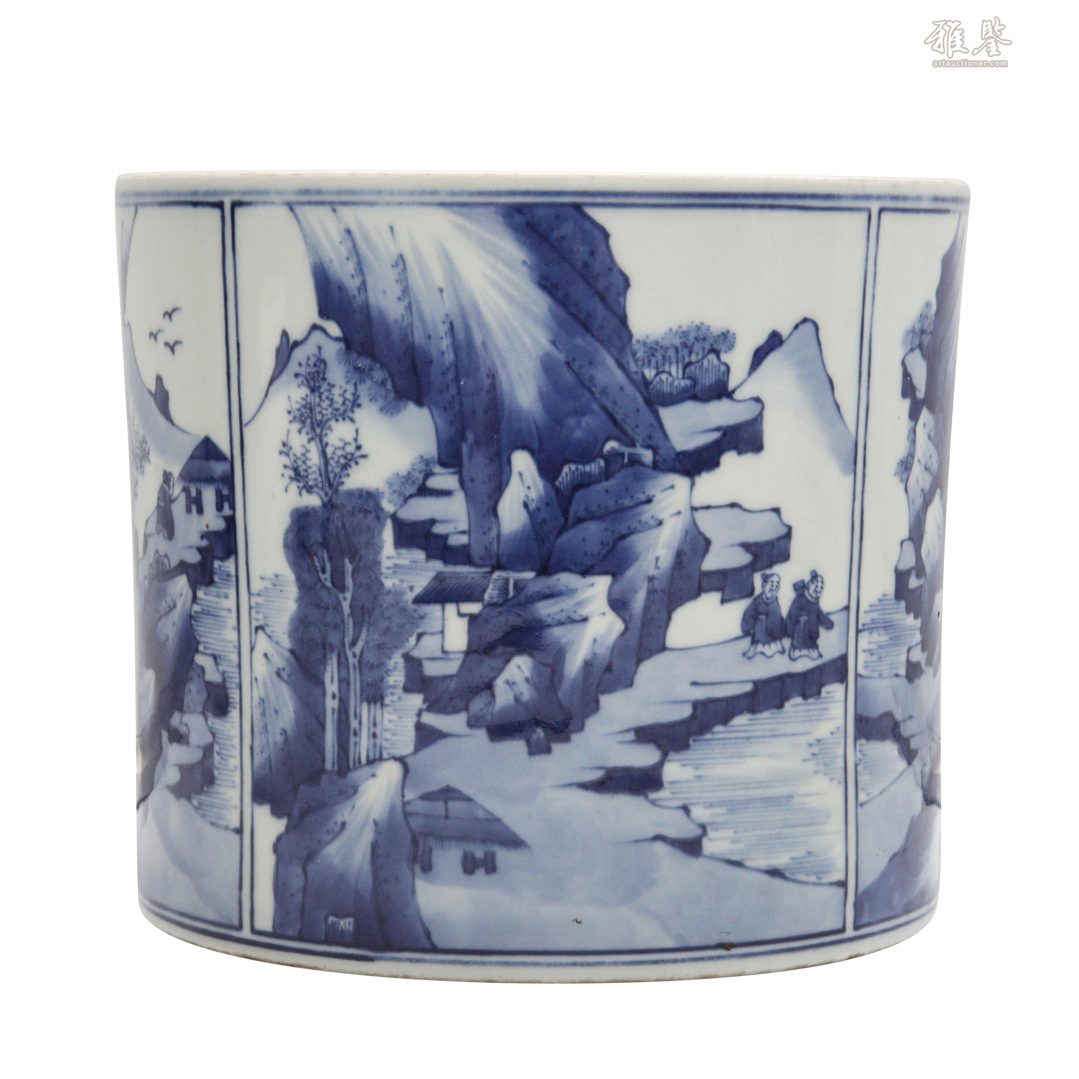 A Chinese blue and white 'landscape' brush pot, 20th century