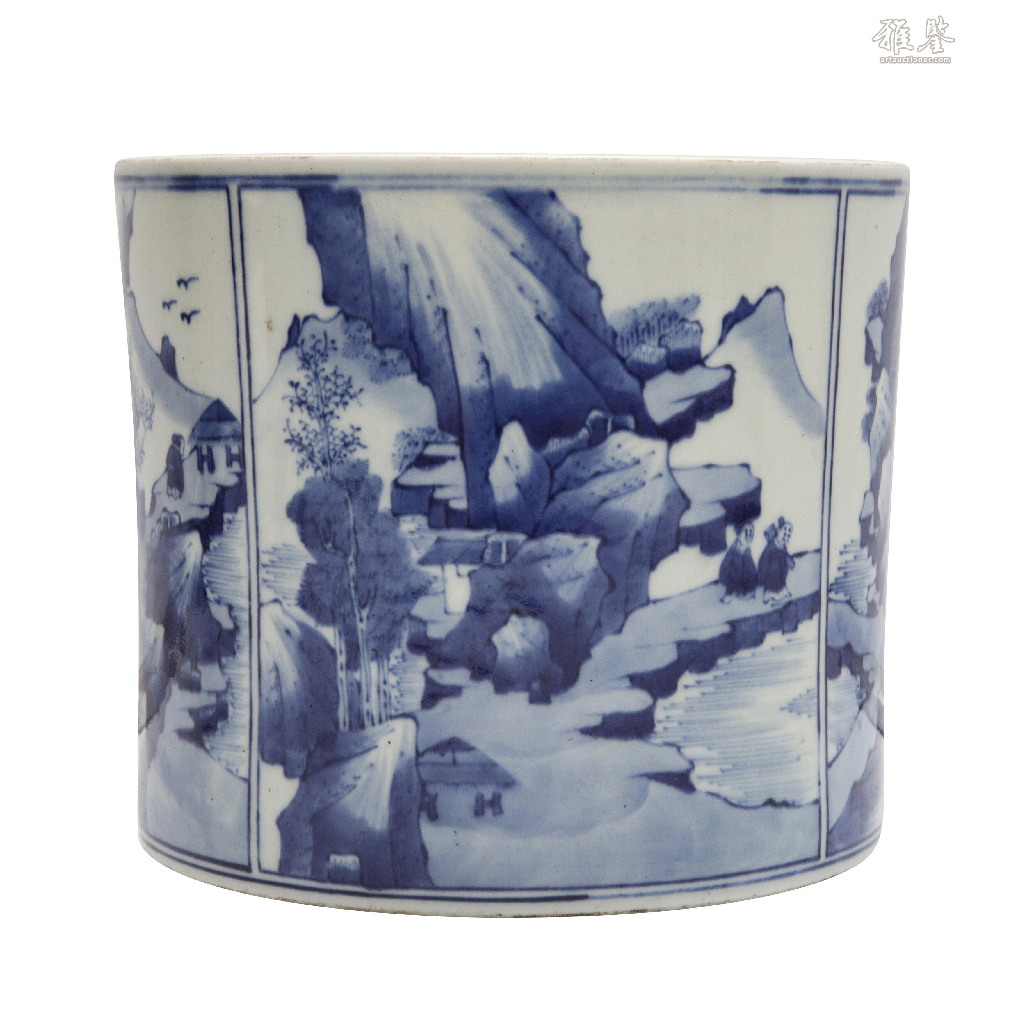 A Chinese blue and white 'landscape' brush pot, 20th century