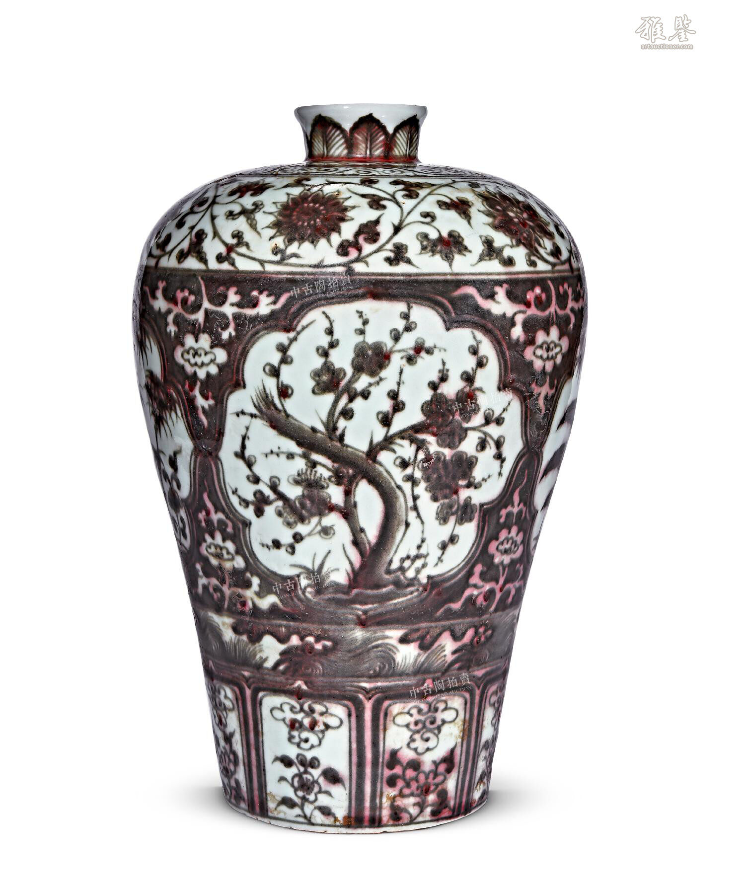 明時代 明洪武年制在銘 釉裡紅 鳳凰 麒麟 花卉紋 梅瓶37.2cm花瓶 酒器