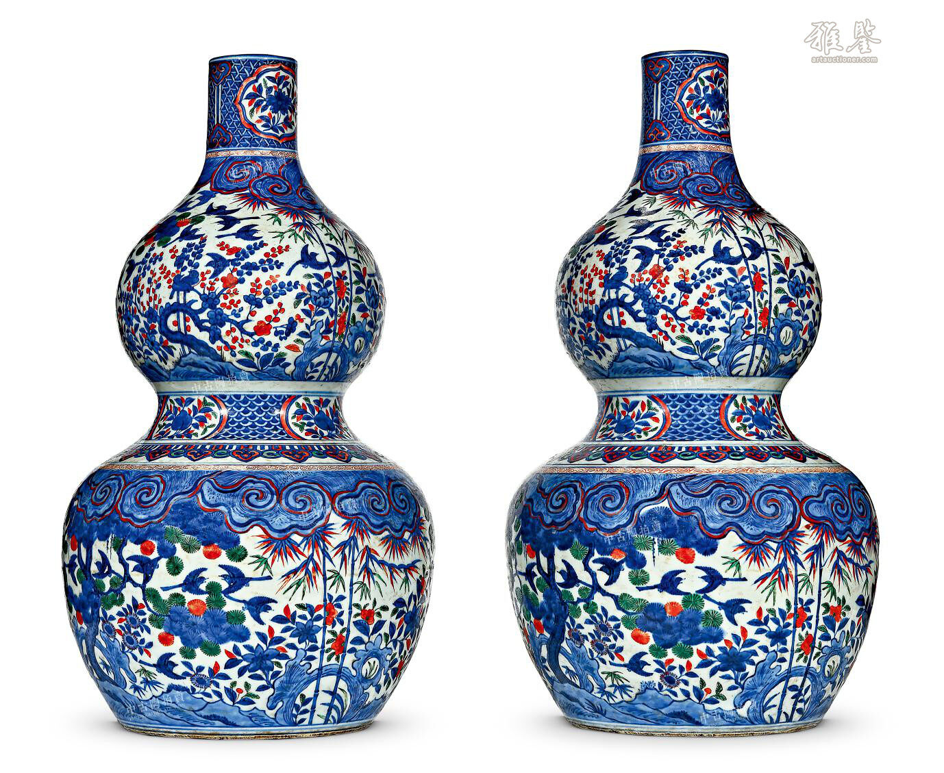 明嘉靖青花五彩五十九喜鹊梅纹祝寿葫芦瓶（一对）_LOT.720_拍品详情_雅